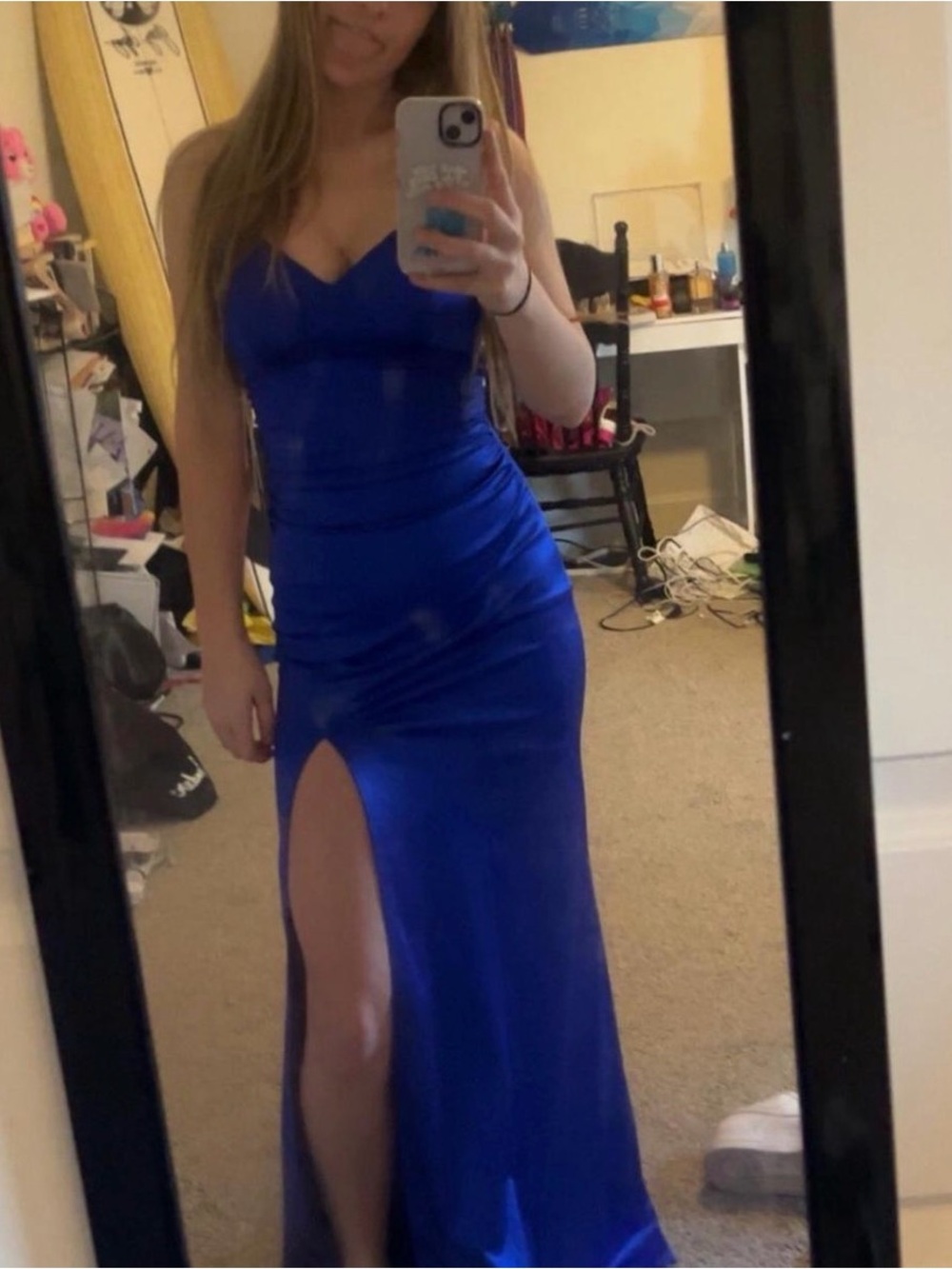 belk Royal Blue Satin Prom Gown with High Thigh Slit
